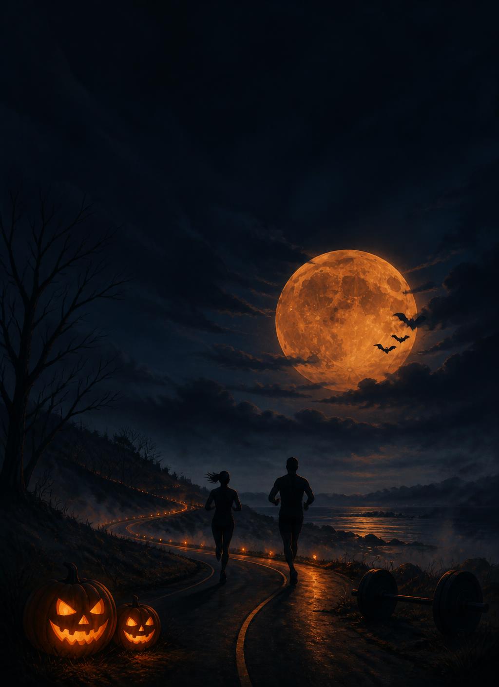 Halloween night scene with a race route, glowing harvest moon, runners, bats, jack-o'-lanterns and a roadside barbell